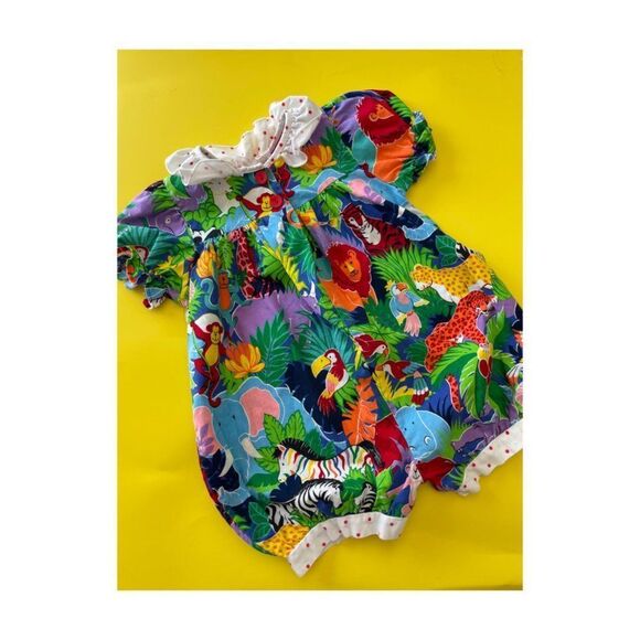 80s Disney Romper Winnie The Poo Colorful Jungle Animals Print Polkadot Ruffles - Picture 2 of 8